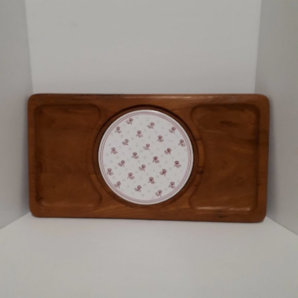 MCM Wood Cheese Board Pink Tulips Ceramic Middle Gailstyn-Sutton 1960's - Picture 1 of 6